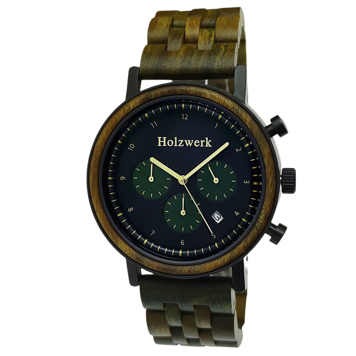 Holzwerk BERGHEIM Damen und Herren Holz Uhr Chronograph mit Datum, grün, schwarz