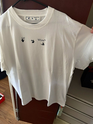 Off-White Blue Marker Men's M White Graphic Logo Cotton Crew Neck T-Shirt