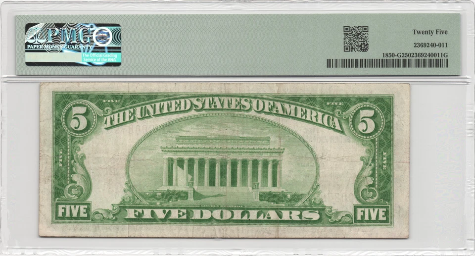 Fr.1850-G 1929 Chicago $5 Federal Reserve Bank Note PMG Very Fine 25 - Image 2 of 2