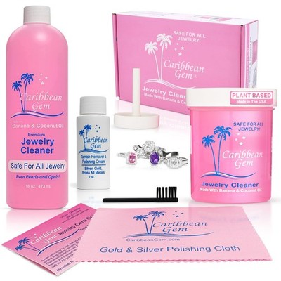 Gem Jewelry Cleaner 16oz & 8oz, Basket, Brush, Polishing Cream & Polishing Cloth