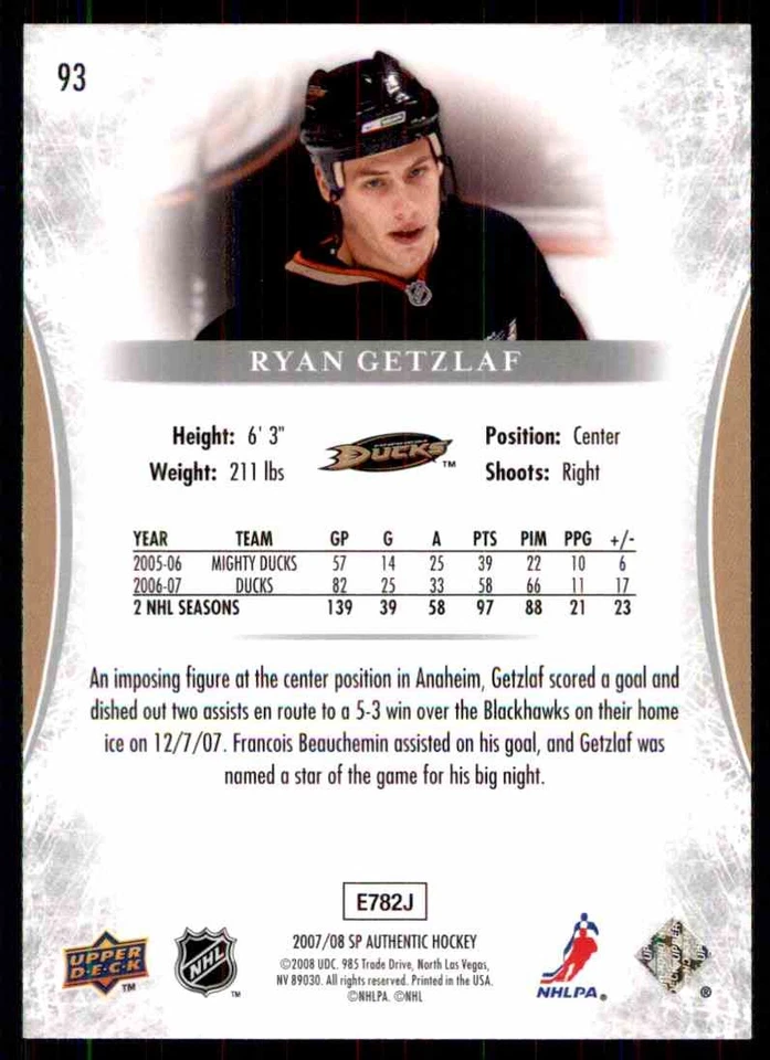 2007-08 SP AUTHENTIC RYAN GETZLAF #93 - Image 2 of 2