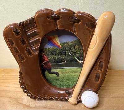 Ceramic Picture Frame Brown BASEBALL GLOVE with BAT and BALL PHOTO Size ~2.5X3.5