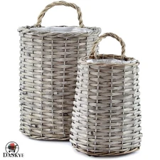 Rustic Gray Washed Wicker Hanging Baskets Set of 2 - Nested Charm for Your Home