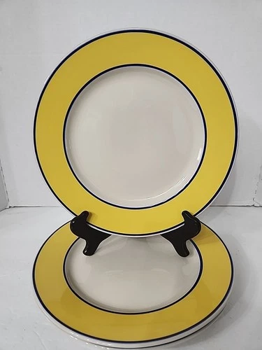 HMQ27 BY HOME  11” Blue/Yellow Rimmed Dinner Plates Set of 3 Vintage