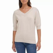 DKNY Beige V-Neck Short Sleeve Sweater / Knit Top M