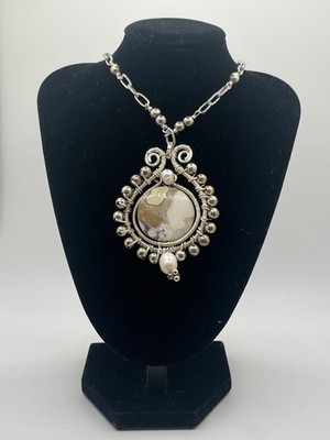 Wire Wrapped Stone Pendant Necklace Silver Plated Copper Pearl Accent 18 