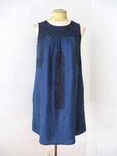 Madewell Blue Linen Trapeze Tank Dress Floral Embroidery Pockets Cotton Lining S