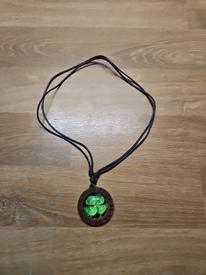 Four Leaf Clover Glass Dome Pendant Necklace Rope Chain Wood Necklace Clover 