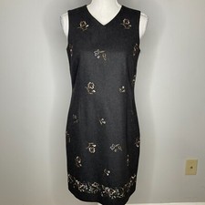 Vintage Ann Taylor Dress Women Size 6 Petites Gray Wool Sleeveless Lined Floral