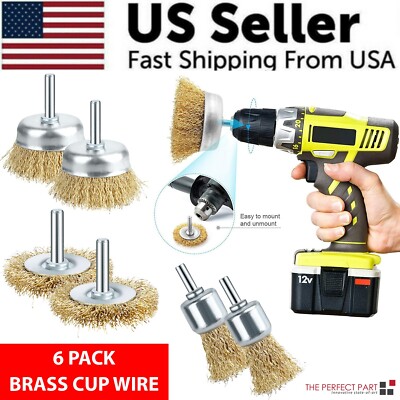 6PC Wire Wheel Cup Brush Set Coarse Crimped Carbon Steel Shank Drill Attachments