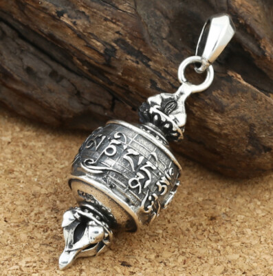 I07 Anhänger buddhistisch Fass mit 6-Wort-Mantra Sterling Silber 925