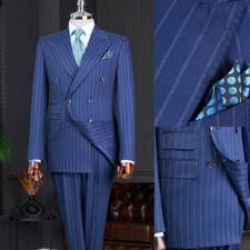 Men Blue Striped Suit Double Breasted Jacket Peak Lapel Tuxedo Wedding Business