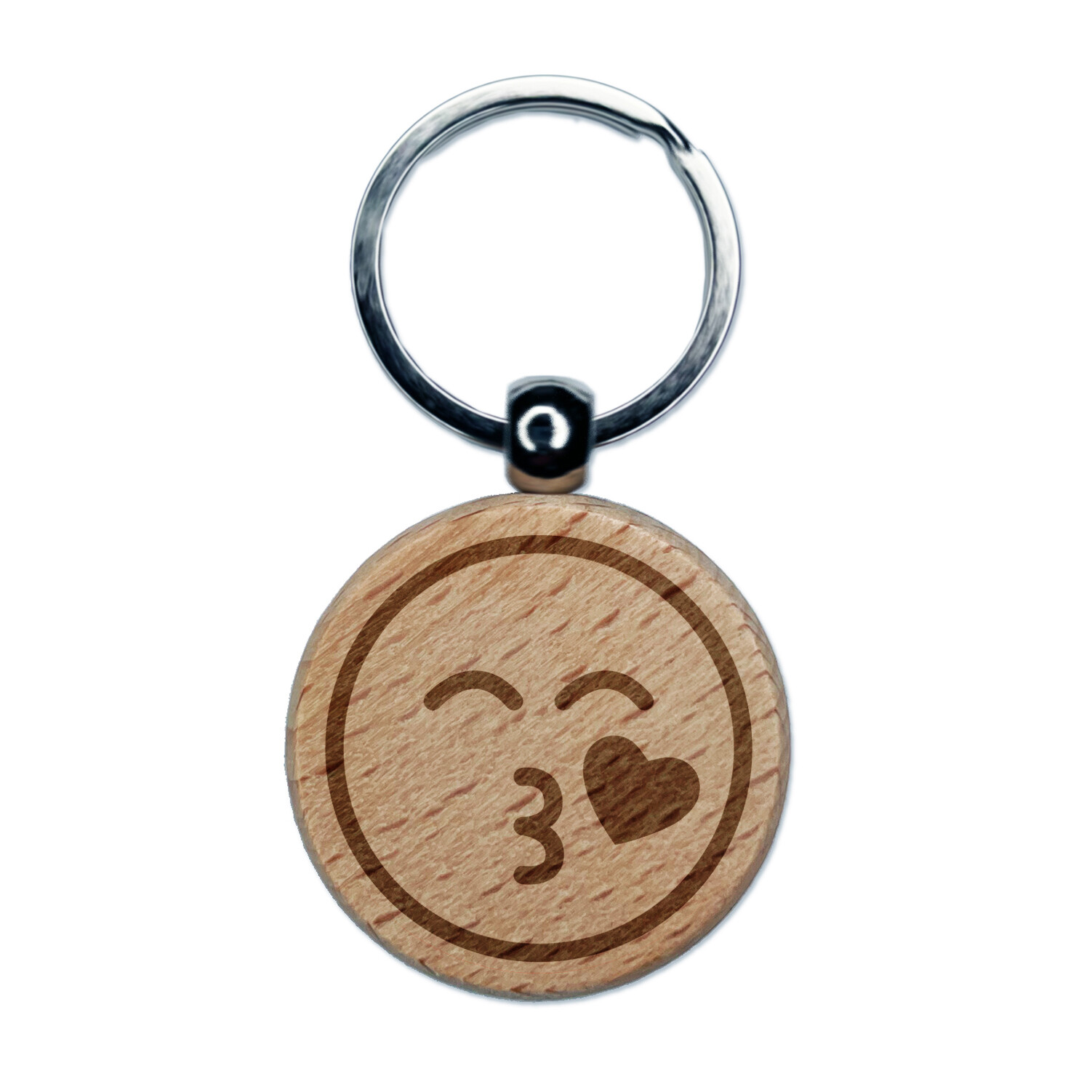 Kiss Face Heart Love Emoticon Engraved Wood Round Keychain Tag Charm