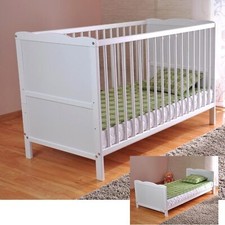 White Solid Wood Baby Cot Bed + Deluxe Foam Mattress, 3 Height Levels