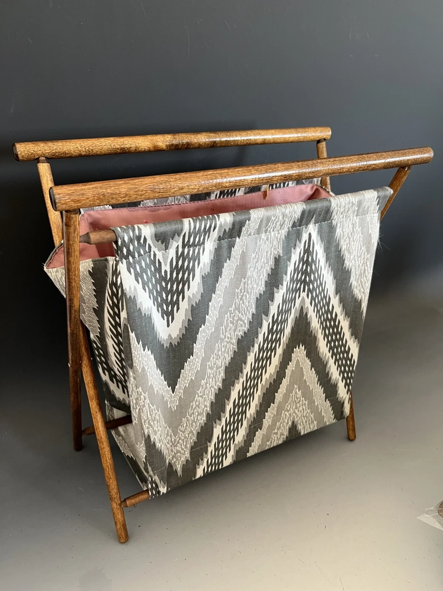 Vintage Folding Sewing Knitting Basket Gray White Zig Zag Fabric Wooden  Frame