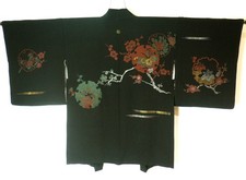 Giacca kimono Haori seta giapponese vintage anni 50 tessuto Urushi, fiori e rotondi
