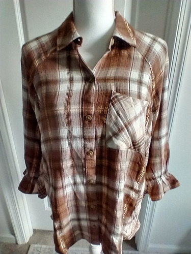 Cato Womens Sz S Flannel Shirt 3/4 Sleeve Brown Gold Metallic Plaid NWT