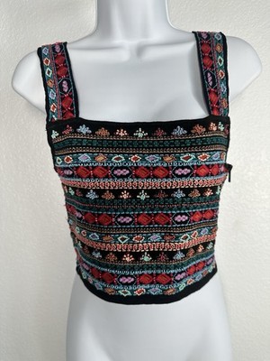 Zara Knit Sz Small Beaded Multi-Colored Crop Top Embroidered Boho Aztec Summer
