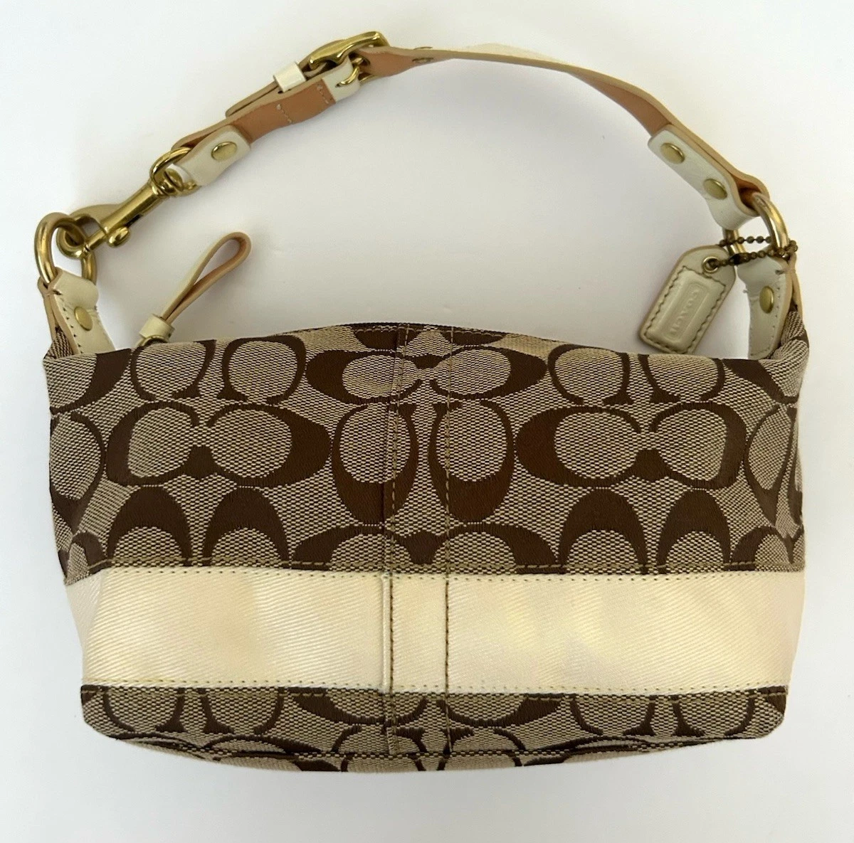 Mini borsa vintage Y2K Coach firmata tela avorio bordo pelle Sufflette 40024