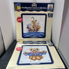 Lot/2 DMC Noah's Ark Umbrella Bear W/Hearts Needlepoint Canvas NC018, NC015 NOS