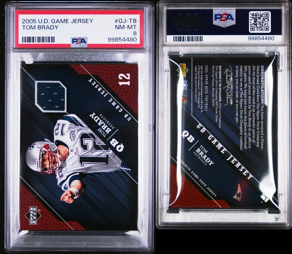 2005 Upper Deck - Camiseta Tom Brady Game Worn #GJ-TB (MEM) PSA 8 quase em perfeito estado/perfeito - Imagem 3 de 3