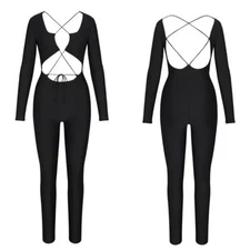 Skims Lace Up Catsuit Jumpsuit Bodysuit Onyx Long Sleeve Full length Sz M Cutout