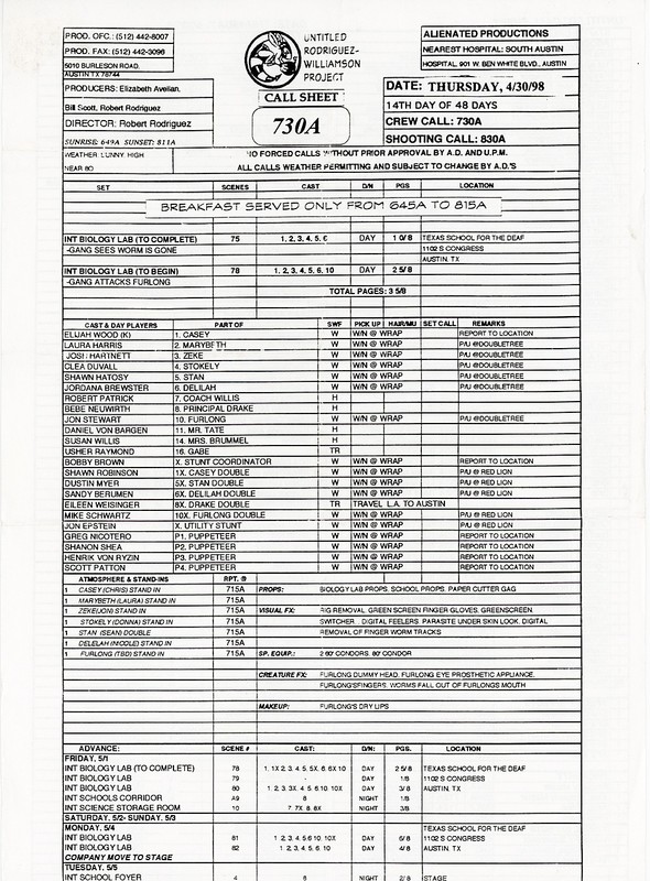1998 -THE FACULTY- Original ROBERT RODRIGUEZ HORROR Movie Production Call Sheet