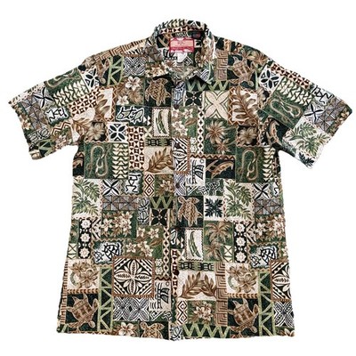 RJC Hawaiian Shirt Mens M Green Brown Button Up Tropical Native Made In Hawaii
