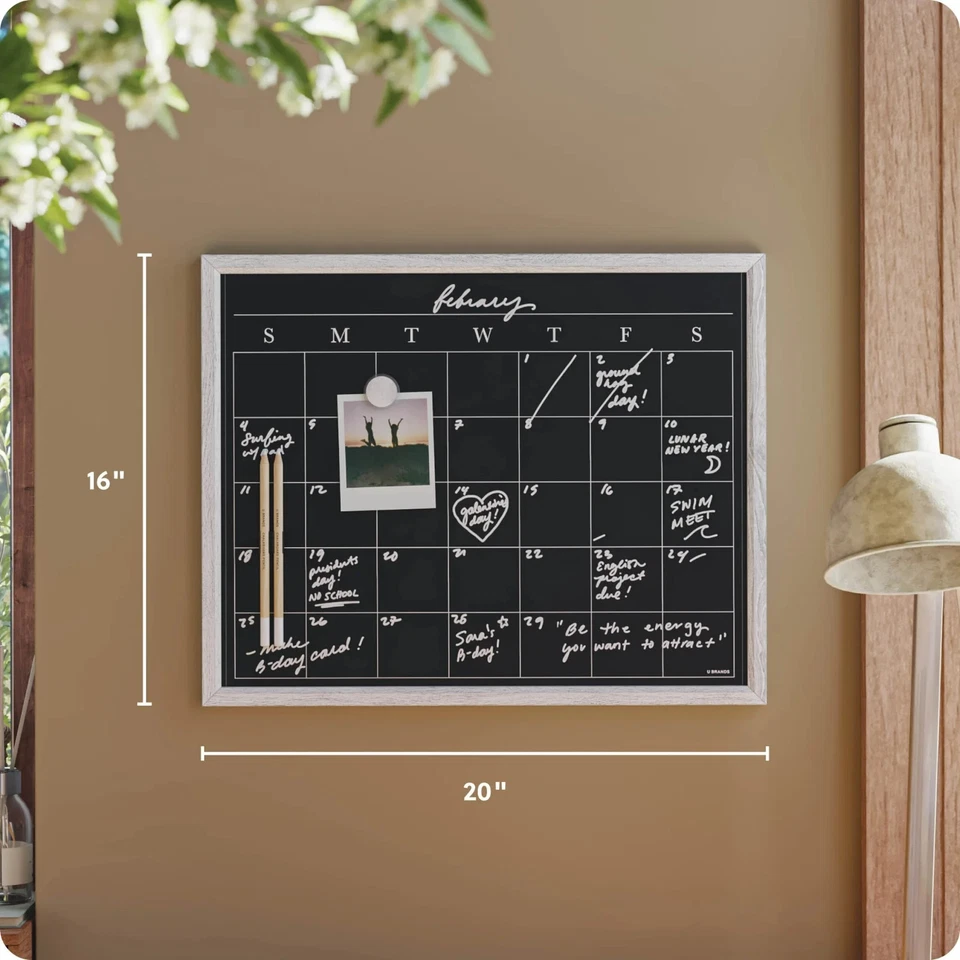 U Brands 20 x 16 in. Magnetic Chalk Calendar Board, Whitewashed Wood Style Frame - Image 3 of 4