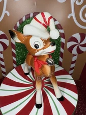 Vtg Kreiss Reindeer Candy Cane Striped Hat & Jingle Bell Ribbon Christmas Japan