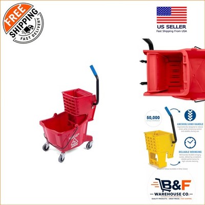 Efficient 26 Quart Mop Bucket with Side Press Wringer for Commercial Use - Red