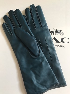 NWT Coach Women's Petrol Teal Blue Leather Cashmere Lined Gloves