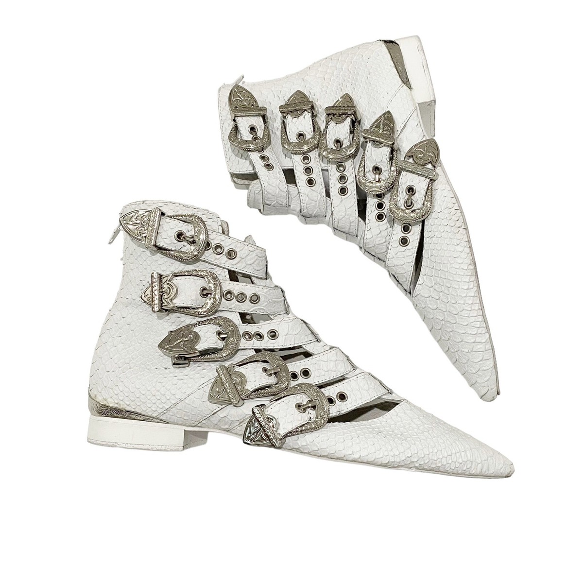 Jeffrey Campbell Depeche White Snakeskin Metal Point Bootie Buckle