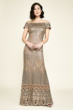 TADASHI SHOJI Copper Rose Illusion Sequin Embroidered Lace Maxi Gown Dress 4 = S