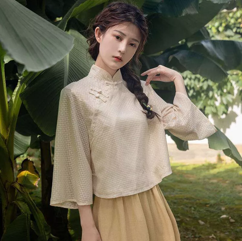 Women Stand up Collar Blouse Hanfu Chinese Vintage Style Top Loose Summer Casual