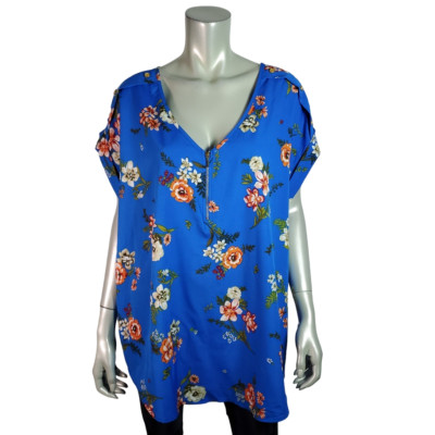 Speed Limit Top Plus Sz 3X Lightweight Floral V- Neck Cap Sleeve Casual Blue