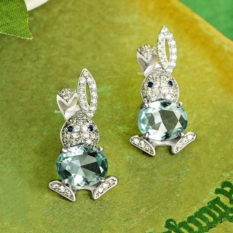 Bunny Stud Easter Earrings Crystal Rhinestone Light Blue Stone In