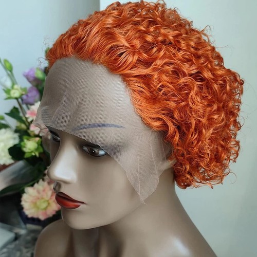 Short Brazilian Human Hair Wigs Orange Curly Pixie Cut 13x1 Lace Wig Sexy Party - Picture 4 of 12