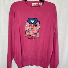 VINTAGE Pivot Rules Pink Grandma Cottage Core Sweater Size Large Golf Theme