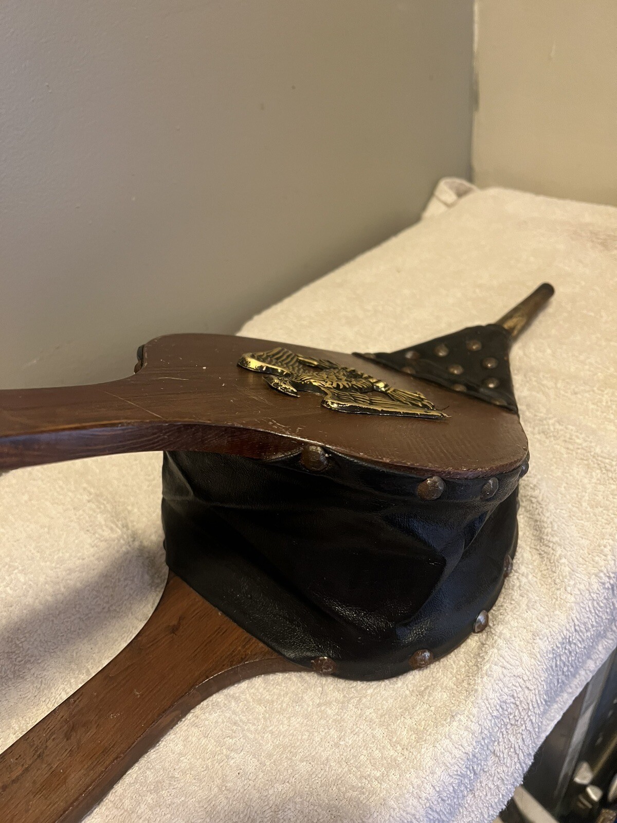 Vintage Fireplace 24” Wood Leather Bellow Blower Fire Starter Brass