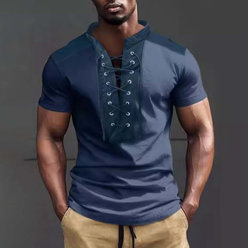 Men's New Summer Color Contrast Small Stand Lace Up Short Sleeved Top Men's T - Picture 14 of 28