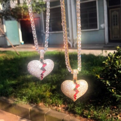 Real Gold Plated Hop Hip Ice Out 3AAA+ CZ Broken Heart Necklace Pendant 20Inch