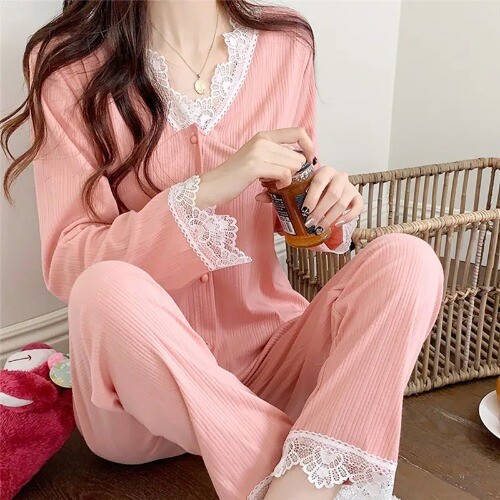 Neu Loungewear Pyjama Damen V-Ausschnitt Langarm Hose Set Spitze Baumwolle Nachtwäsche - Bild 19 von 20