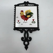 Vintage Cast Iron Folk Art Rooster Tile Trivet Farmhouse Style Country Kitchen
