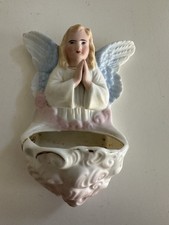 Vintage Angel Praying Holy Water Porcelain Wall Mount Font 5.75” Germany