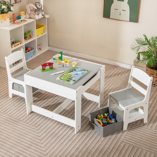 Babyjoy Kids Table Chairs Set w/ Storage Box Blackboard Whiteboard Drawing Grey - Picture 3 of 12