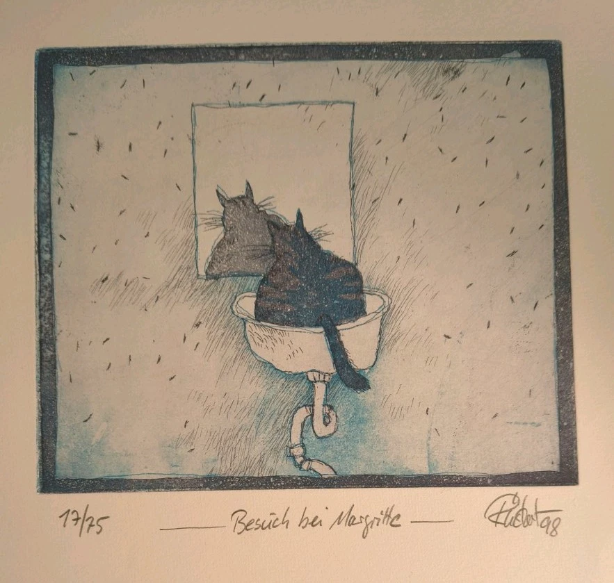 Original Farbradierung - Katze- GÜNTHER RÜCKERT - BESUCH BEI MAGRITTE- 17/75 - Bild 2 von 4