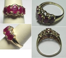 V587 Estate Solid 14K Yellow Gold 5 Stone Graduated Genuine Ruby Ring, Sz 7.75