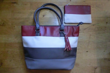 Handtasche , 3 farbig grau / weinrot/ weiß (...