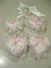 4 Hanging Satin Lace Rose Pink & White Heart Victorian Xmas Ornaments Valentine
